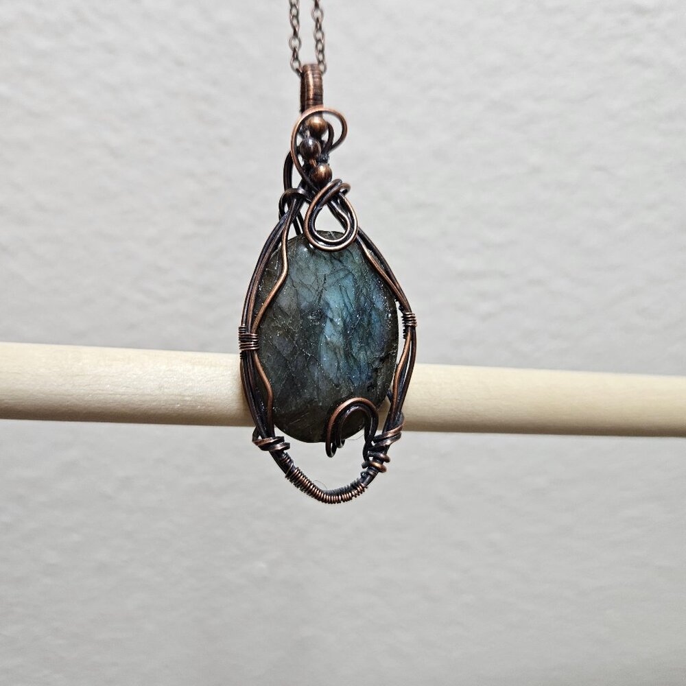 Handmade Copper Wire Wrapped Labradorite Pendant with Copper beads